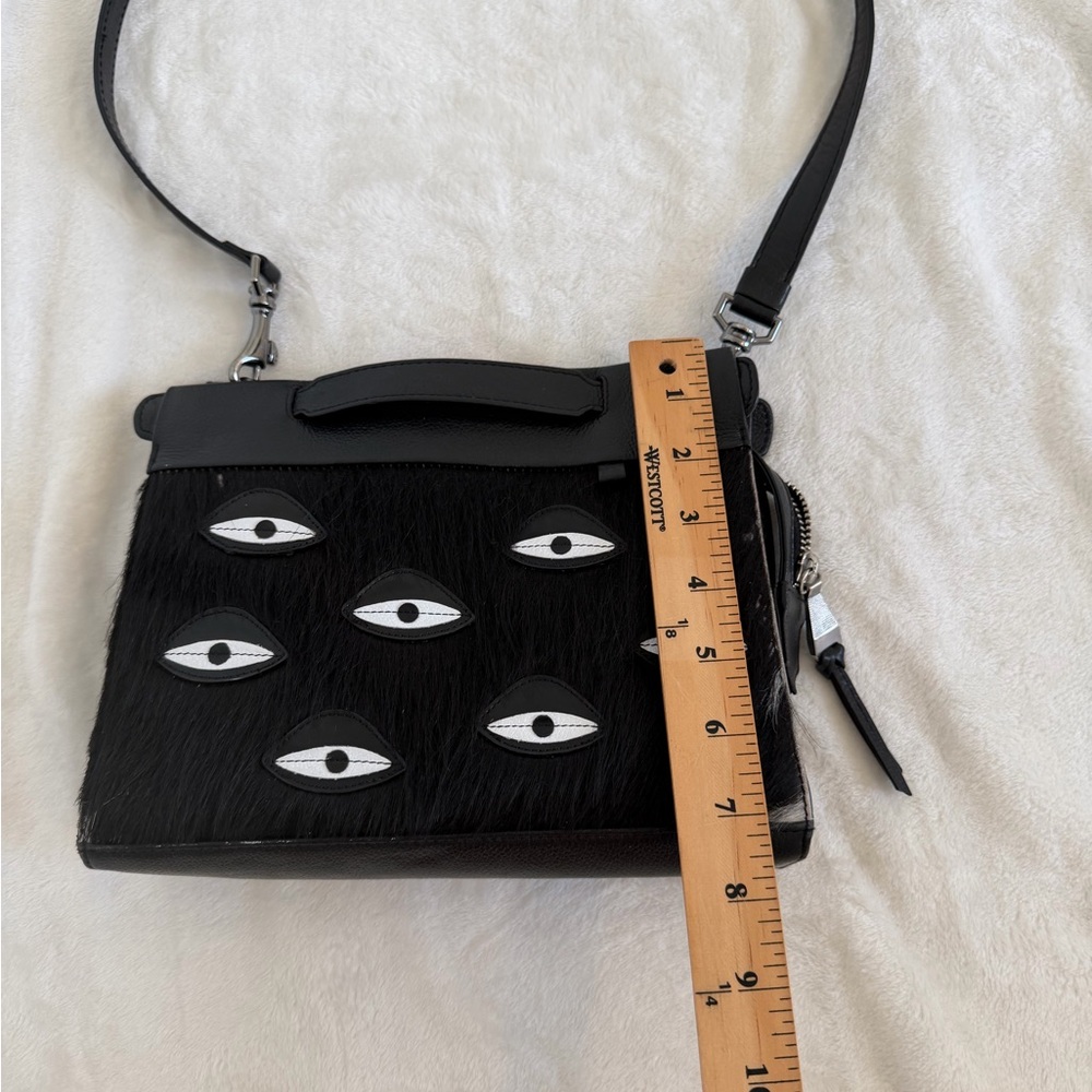 Min & Mon Vali Crossbody Small Black Leather Bag w/ black fur. “All Over Eyes” - Picture 9 of 16